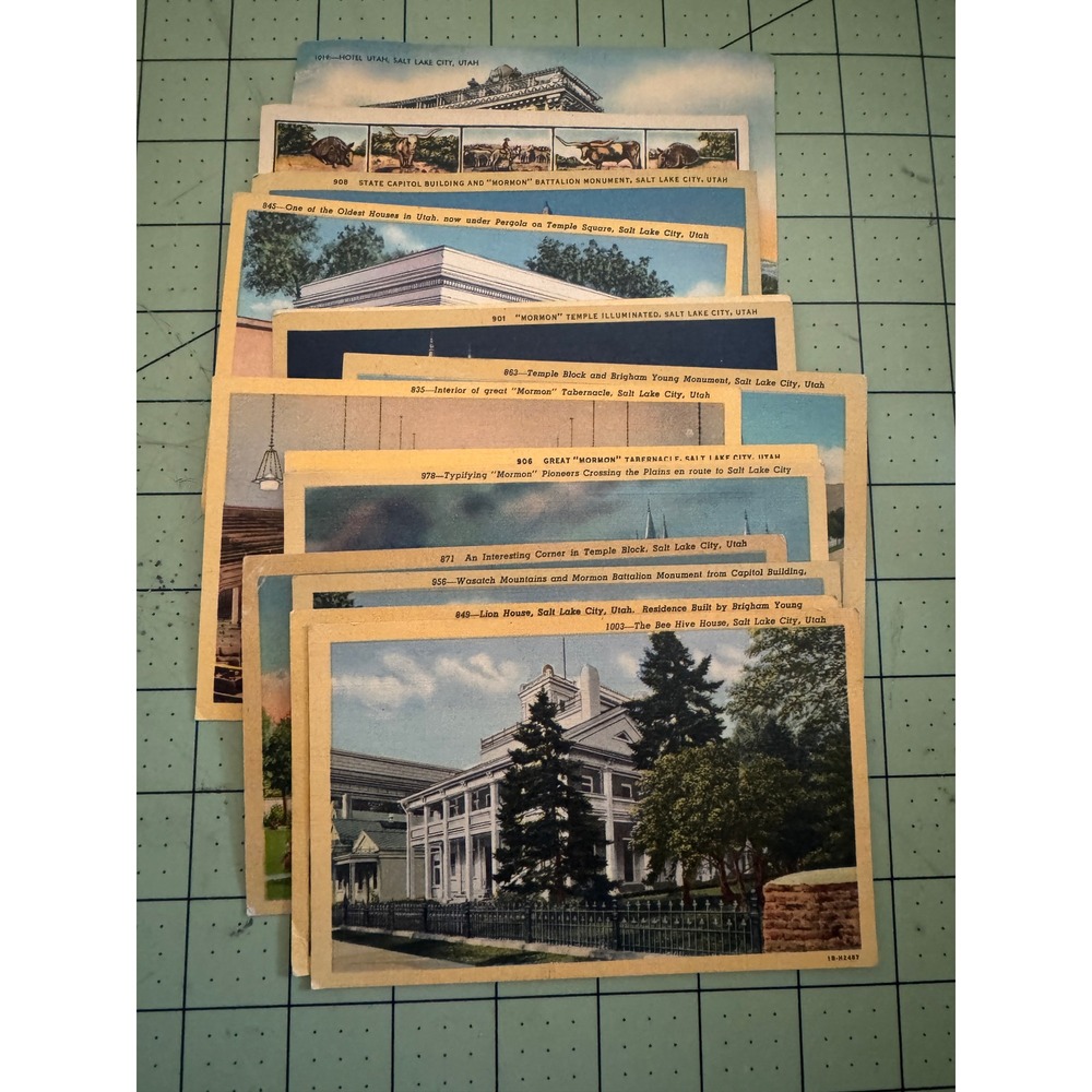 12 Vintage Salt Lake City Utah Linen Postcards 1947 Centennial Mormon Temple Lot
